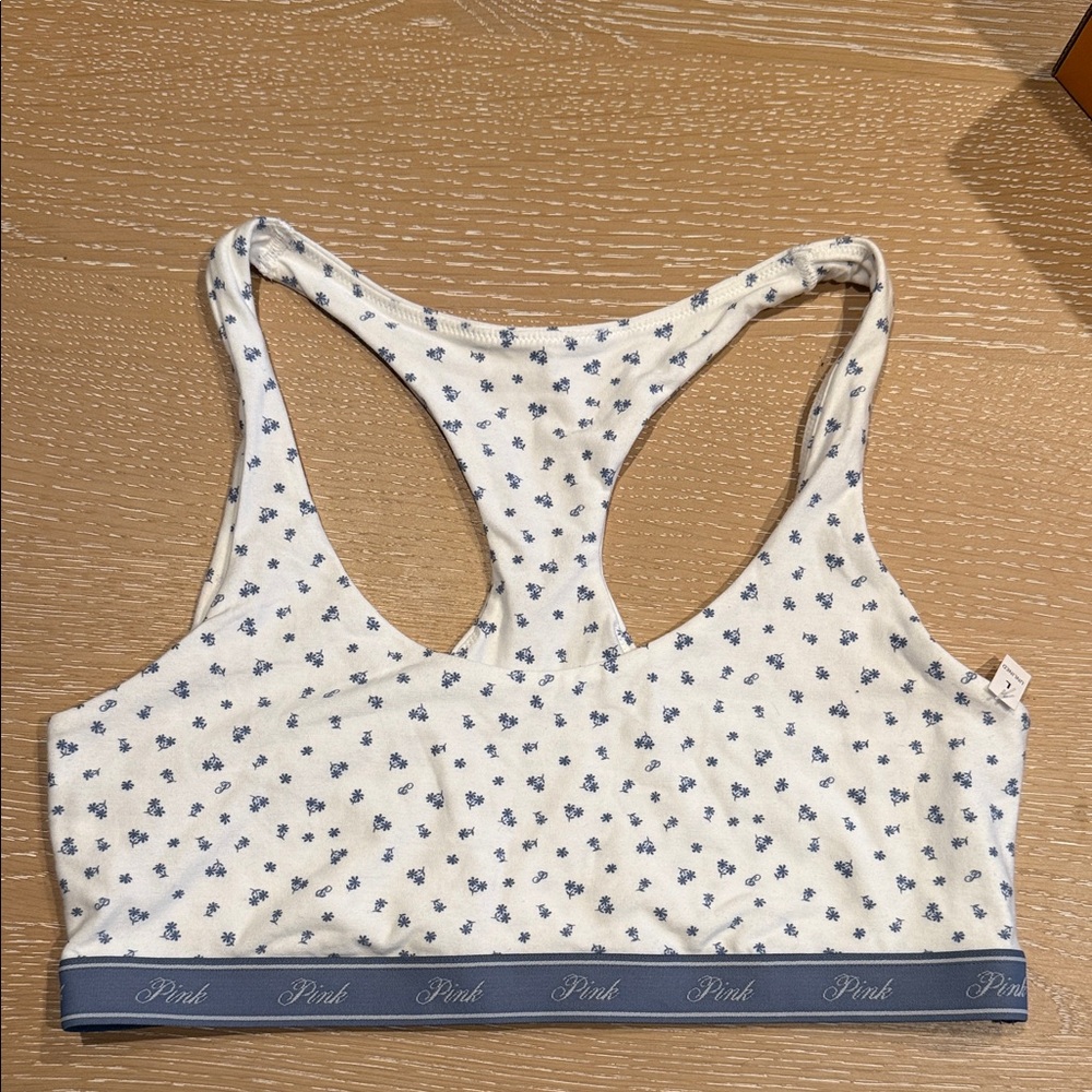 PINK Victoria's Secret White and Blue Patterned Sports Bra